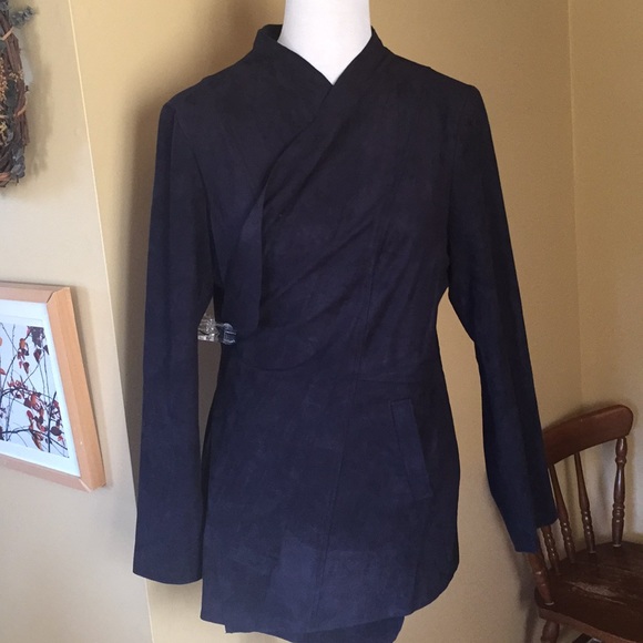 CHICOS Size Large 2 Drape Front Navy Sueded Waterfall Blazer Versatile $149 NEW - Picture 6 of 8